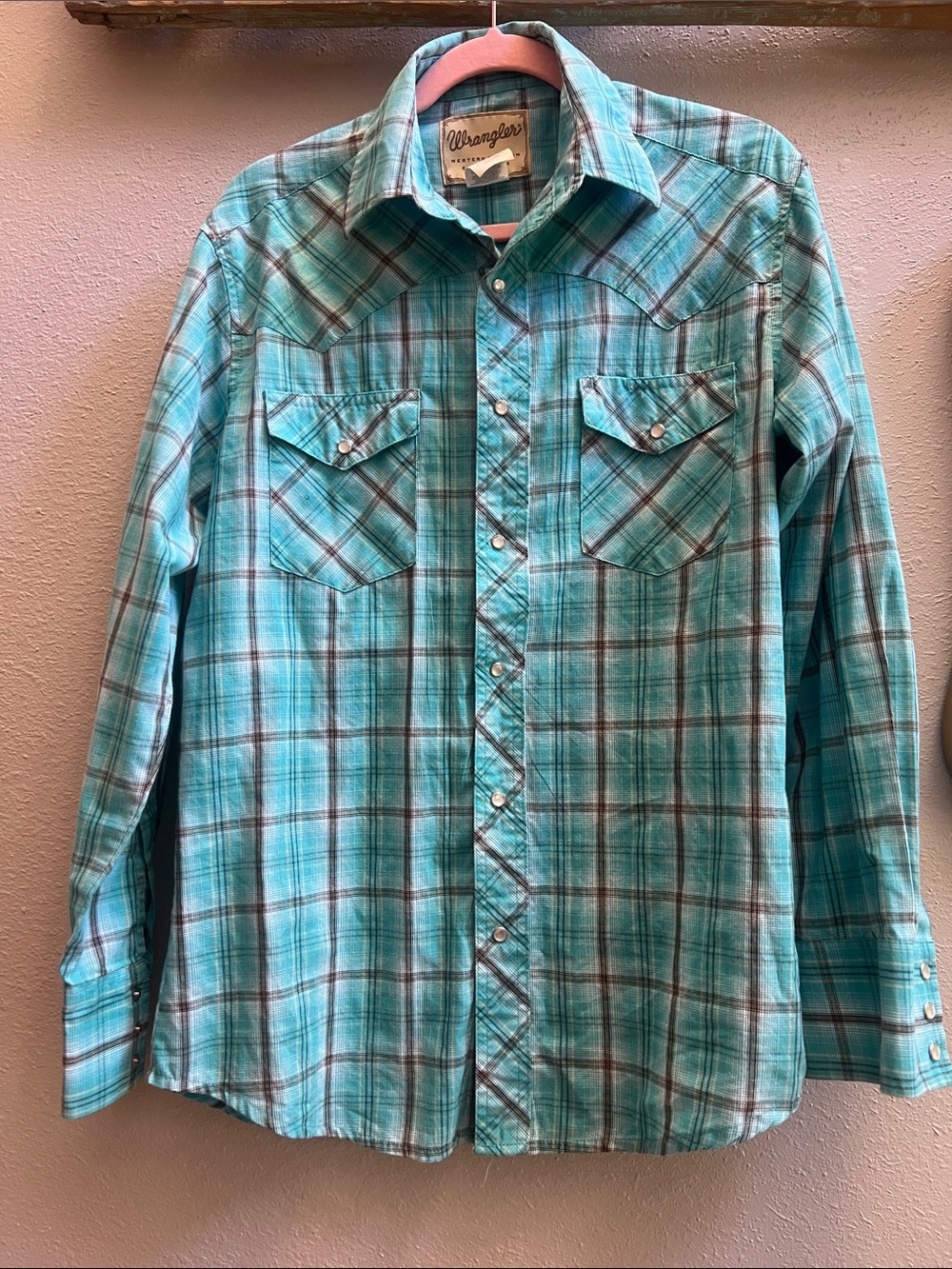 Wrangler Turquoise Plaid Long-Sleeve Button Shirt